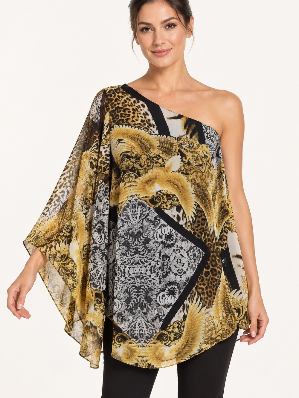 Chico's One-Shoulder Gold and Black Printed Poncho Top